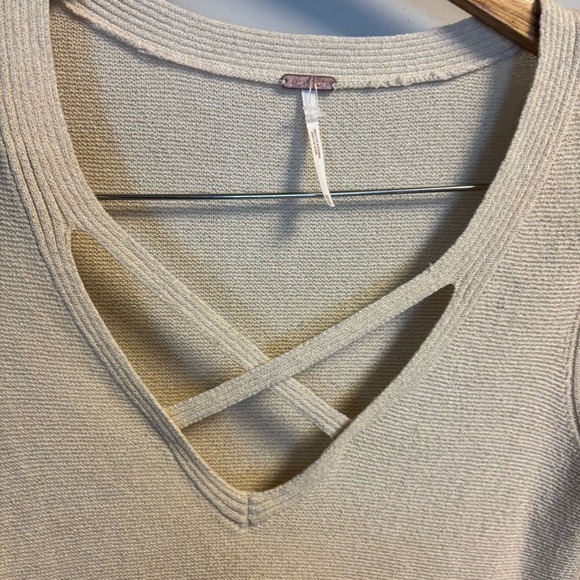 Free People Cream Long Sleeve Sweater with Crisscross Neckline - Picture 3 of 5